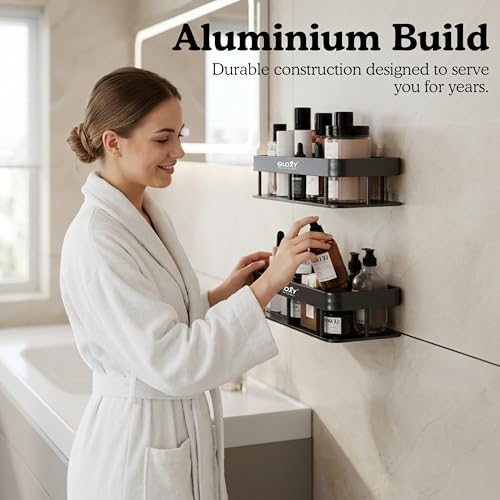 Image of GLOXY Combo Pack of 3 Black Self-Adhesive Bathroom Shelf Caddy - Bathroom Organiser Without Drill - Heavy Duty Aluminium Toiletries Storage Rack - Wall Mounted Shelf for Bathroom & Kitchen