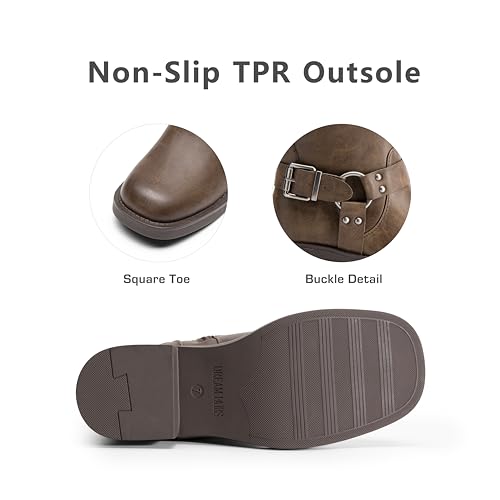 DREAM PAIRS Women's Knee High Boots Side Zipper Motorcycle Boots Square Toe Chunky Low Heel Fashion Buckles Biker Riding Boots4