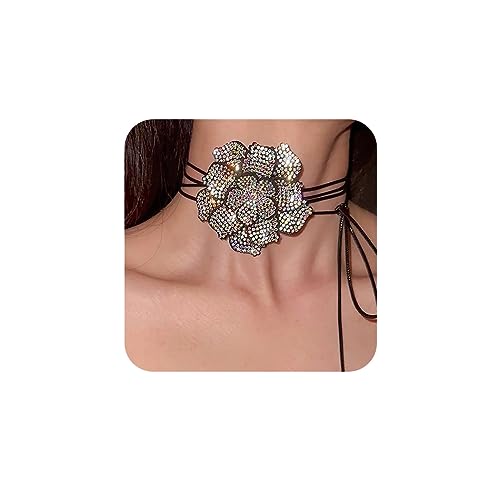 Big Flower Choker Necklaces Rhinestone Flower Choker Vintage Flower Necklace Choker Tie Floral Necklace Weddings Dances Accessories for Women Jewelry Necklace