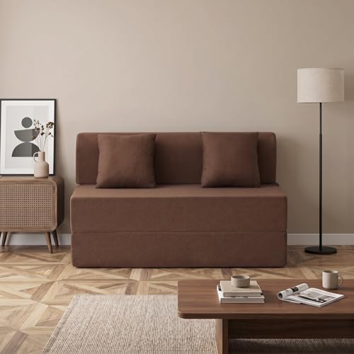 Image of Foldable Four Seater Sofa Bed 6 X 6 Ft Jute Fabric Washable Cover Sofa Cum Bed with Cushions Convertible Sofa Bed for Home, Office (Brown Color - Pre-Assembled)