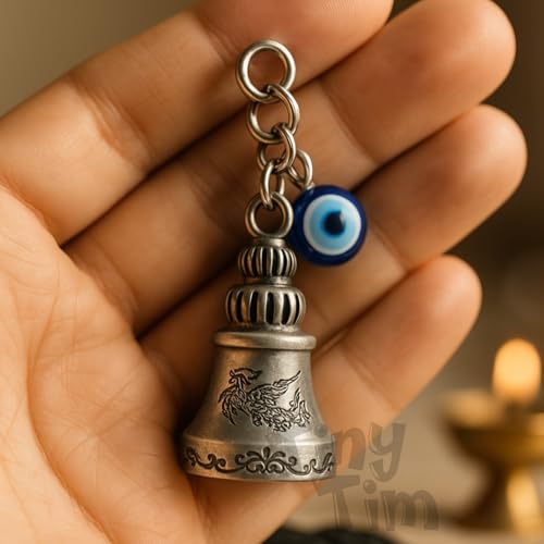 Image of Tiny Tim Guardian Bell with Evil Eye Charm - Protective Motorcycle & Car Accessory - Tibetan-Inspired Design - Wards Off Negative Energy - Ideal Gift for Bikers & Travelers