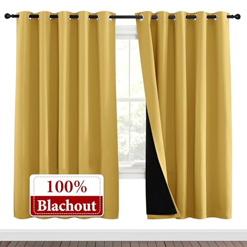 Image of NICETOWN Bright Yellow Full Shade Curtain Panels, Pair of Energy Smart & Noise Blocking Out Blackout Drapes for Dining Room Window, Thermal Insulated Guest Room Lined Window Dressing(70 x 72 inch)