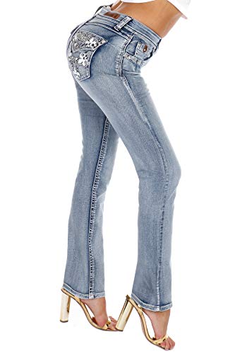 Jack David/LA Idol/Sexy Couture Women's Rhinestone Mid Rise Bootcut/Skinny Blue Stretchy Denim Jeans Pants2