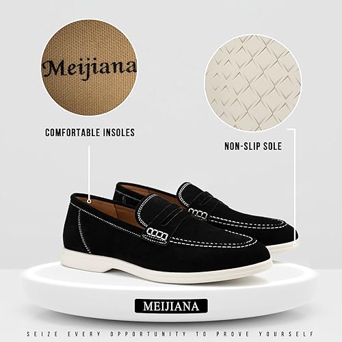 Image of Meijiana Men's Genuine Leather Loafers Slip-On Moccasins Suede Dress Shoes, Lightweight and Breathable with Rubber Sole Stylish Mens Loafers