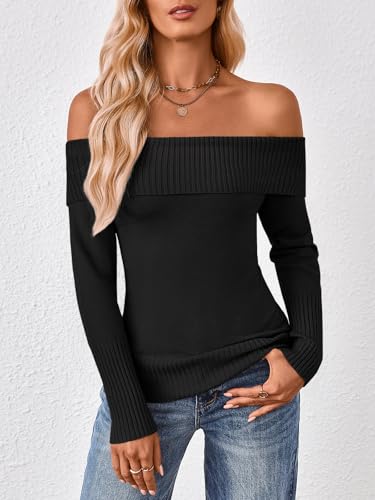 Trendy Queen Off The Shoulder Sweater for Women Cute Fall Going Out Tops Pullover Knit 2025 Sexy Date Night Outfits2