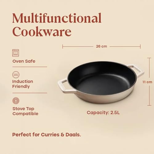 Image of CUMIN CO. Cast Iron Braiser | 26cm, 2.5L (Serves 5-6) | Non Toxic Cooking Pot with Lid | Patented Enamel Coating | FDA Compliant | Induction & Oven Safe | Color: Rust