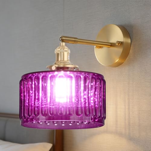 Image of Globe Glass Wall Sconce Purple Antique Vanity Light Striped Shade | Modern Vintage Decor Wall Light 6.7 inch Glass Shade Hardwired 1 Light E26 Base,Gold Brass Finish,Mirror,Living Bedroom,Hallway