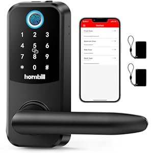 Fingerprint Smart Door Lock Handle: Hornbill Keyless Entry Door Lock with Keypad App Fobs Passcode Lever Electronic Digital Biometric Bluetooth Touchscreen Alexa Smart Lock for Front Door – Matt Black