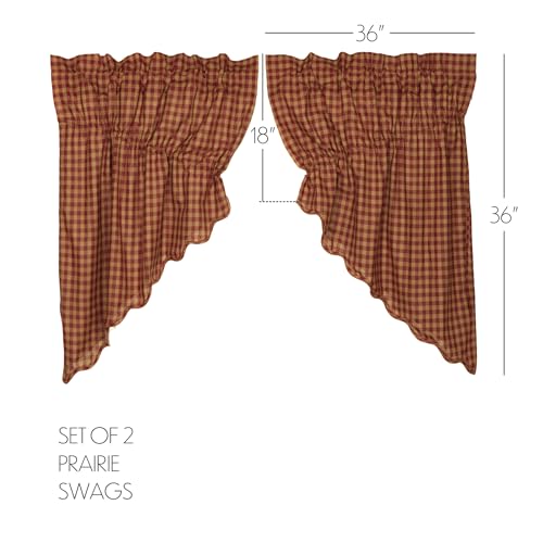 VHC-Brands-Burgundy-Check-Primitive-36x36x18-Prairie-Swag-Pair-Red-Rod-Pocket-Cotton-Drawstring-Ties-Kitchen-Window-Curtains VHC Brands Burgundy Check Primitive 36x36x18 Prairie Swag Pair Red Rod Pocket Cotton Drawstring Ties Kitchen Window Curtains