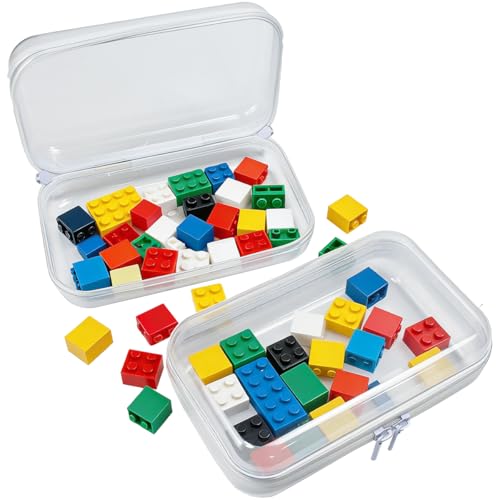 Vurixfo 2 Pcs Toy Storage Bags with Zipper, Hard Pouch Case Double Zippers Clear Plastic Box Toy Storage Organiser Clear Hard Storage Case for Building Blocks, Puzzles, 4.9x7.5inch