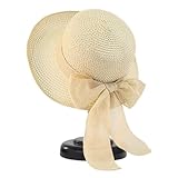 Straw Sun Hats for Women Wide Brim Bow Ribbons Roll Up Bucket UPF 50+ Foldable Sun Hat with Strap UV Protection Summer Travel Beach Beige