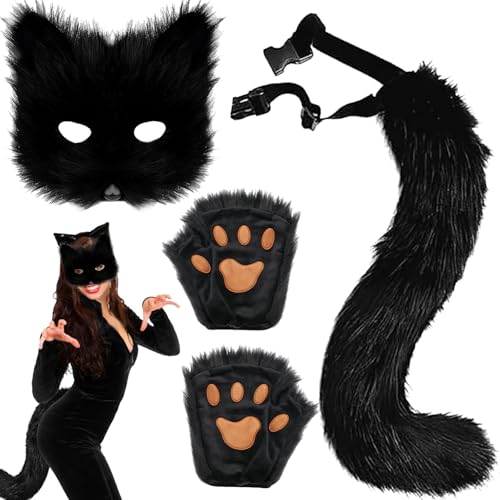 XingRuize 4 Stück Maske Set, Schwanz und Pfoten Handschuhe Set, Cosplay Kostüm Zubehör für Halloween Weihnachten Karneval Party Verkleiden für Erwachsene