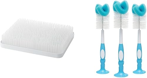 Boon Estante de secado para encimera de césped, blanco, 13.5 x 11 x 2.5 pulgadas (paquete de 1) y juego de cepillos de limpieza reutilizables para