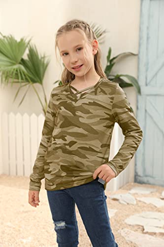 Image of Girls Camouflage Stripe Short Sleeve Shirts V Neck Criss Cross Tees Sweat Kids Casual Sport Tops Blouse（4-15T）