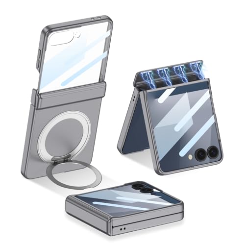 Image of for Samsung Galaxy Z Flip 7 Case with 360 Bracket Ring Holder Magnetic Hinge Protection & Built-in Front Screen Protector, Slim Texture Shockproof Case.(Cool Grey)