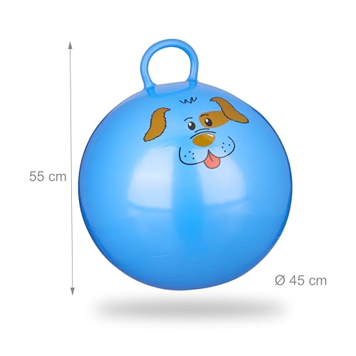 Relaxdays 10x Hüpfball Kinder, Hund, mit Griff, für Drinnen und Draußen, mit Tier-Motiv, Weich, 45 cm Durchmesser, Blau