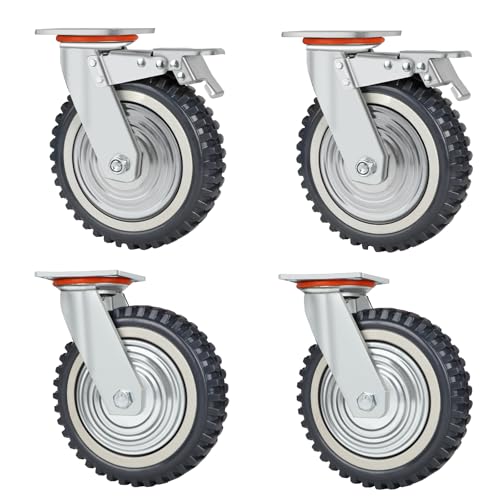 DBREAKS rueda para cargas pesadas, ruedas de transporte 200 mm, 4 placas, 2 giratorias con freno, ruedas de goma maciza 360°, 2000 kg para mesa