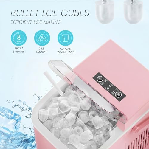 KMFurnila Ice Makers Countertop, Portable Ice Machine with Handle, 6 Mins 9 Bullet Ice Cubes with Basket and Scoop, 26lbs in 24Hrs, Auto-Cleaning, for Home, Kitchen, RV, Camping, Pink - 2