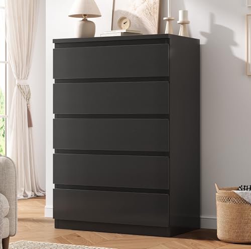 Orgobysol Black 5 Drawer Dresser for Bedroom 15 D x 23.7 W x 40.4 H in Modern Chest of Drawers Wood Storage Dresser with Handleless Drawers for Kids Bedroom Living Room Hallway Entryway