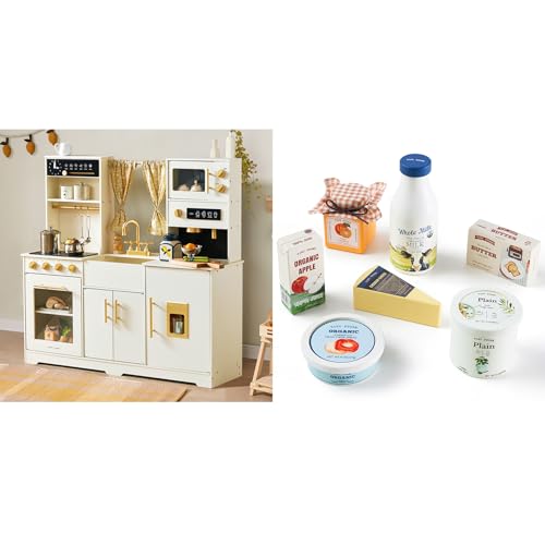 Image of Tiny Land New Modern Wooden Play Kitchen & Dairy Drinks Set