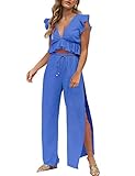 FANCYINN Womens Two Pieces Outfits Deep V Neck Crop Top Side Slit Drawstring Wide Leg Pants Set Jump