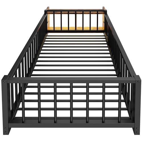 Estructura de cama metálica 90x200 con barandilla protectora y base de hierro reforzada negra 6