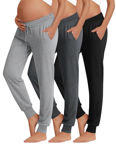 Sweetyweee 3 Pack Women's Lounge Maternity Pants, Casual Joggers Underbelly Pregnancy Sweatpants with Drawstring and Pockets(Black, Dark Gray, Light Gray,Medium)