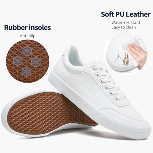 Image of Rominz Men's White Tennis Shoes PU Leather Fashion Sneakers | Faux Leather, Water Resistant, Easy to Clean, Easy to Style ,Soft Comfortable, Non-Slip Sole