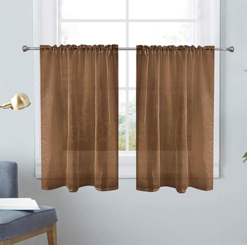 SpaceDresser Basic Rod Pocket Sheer Voile Window Curtain Panels Brown 1 Pair 2 Panels 26 Width 24 Inch Long for Kitchen Bedroom Children Living Room Yard(Brown,26 W x 24 L)