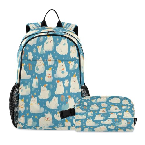Sac à dos étudiant avec sac à lunch chat blanc - Pack scolaire complet