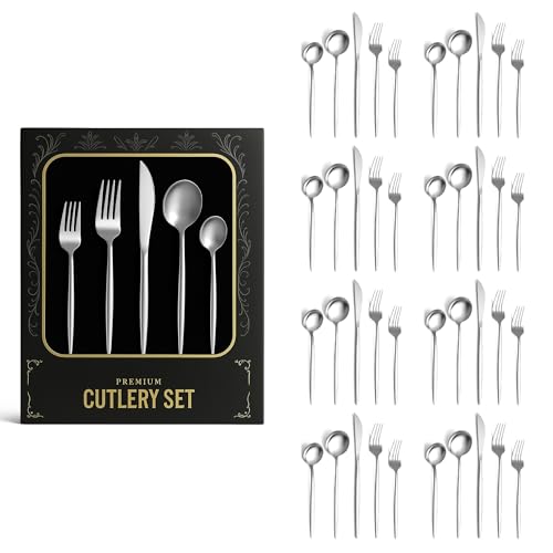 Image of aDai Korean Premium 40 Piece Stainless Steel Cutlery Set | Modern Flatware for Dining | Elegant Gift Box for Everyday Use (Silver)