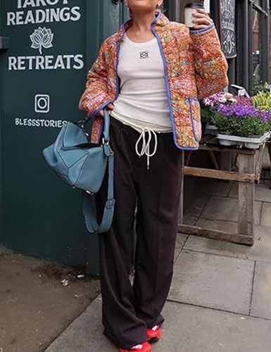 Eisctnd Women's Cropped Puffer Quilted Jacket Cardigan Floral Printed Lightweight Long Sleeve Short Padded Coats3