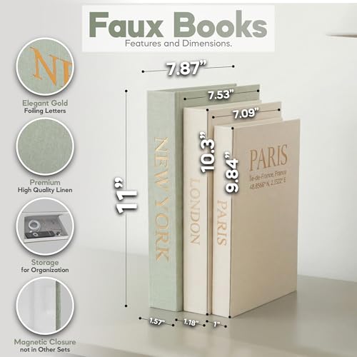 Image of Faux Book Storage Box Set of 3-Green /Beige /Beige-Decorative Faux Books with Hidden Storage for Coffee Table Decor, Bookshelf or Mantle-Linen Decorative Boxes-Aesthetic Book Decor for Home