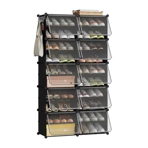 WOLTU Zapatero con 10 compartimentos, ahorro de espacio, con ganchos, zapatero de plástico, para pasillo, dormitorio, entrada, almacenamiento de zapatos para 40 pares de zapatos, hasta la talla 44