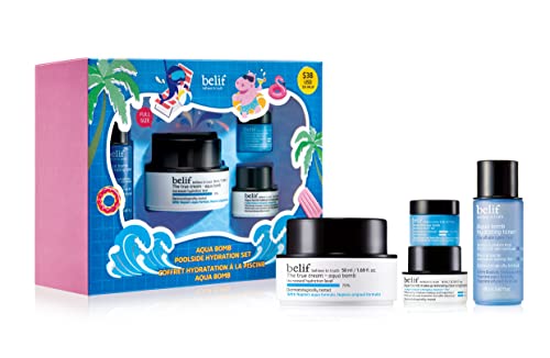 belif Aqua Bomb Poolside Hydration Set | 26 Hours of Hydrating Antioxidant Skincare | Soothing & Hydrating Herbs, Antioxidant & Anti-Inflammatory | Includes Aqua Bomb, Cleansing Balm, Toner & Eye Bomb