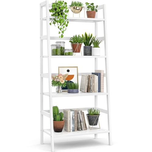 Homykic Ladder Shelf, 4-Tier Bamboo Ladder Bookshelf, 49.2” White Book Shelf, Open Bookcase Freestanding Plant Stand for Small Space, Bathroom, Living Room, Bedroom, Home Office