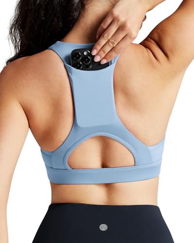 Image of QUEENIEKE BareFlow Women's Sports Bras with Phone Pocket Medium Impact Padded Racerback Workout Gym Crop Top Running Yoga Bra