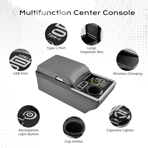 Image of Coverado Center Console, Universal Bench Seat Center Console with Wireless Charging & Cup Holder & 7 Light Modes, Truck Back Seat Car Organizer, Rear Central Car Armrest Box with Storage, Gray