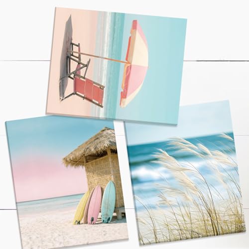 Image of CHDITB Coastal Beach Pastel Framed Canvas Wall Art, Ocean Summer Scenery Artwork, Boho Seaside Cottage Wall Decor, Pink Sand Wave Beach Hut Art Prints For Living Room Bedroom Decor 8 inchx10 inchx6