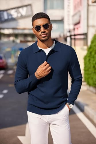 COOFANDY Men's Long Sleeve Polo Sweater Casual Light V Neck Sweater Cable Knit Pullover Polo Golf Sweaters Navy Blue2
