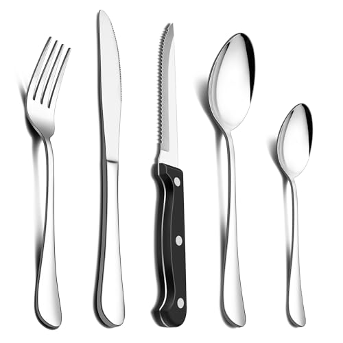 Herogo Cutlery Set with Steak Knives, 30 Pieces Stainless Steel Flatware Cutlery Set for 6 People, Rounded Handle Silverware Include Knife, Fork and Spoon, Mirror Finish & Smooth Edge, Dishwasher Safe