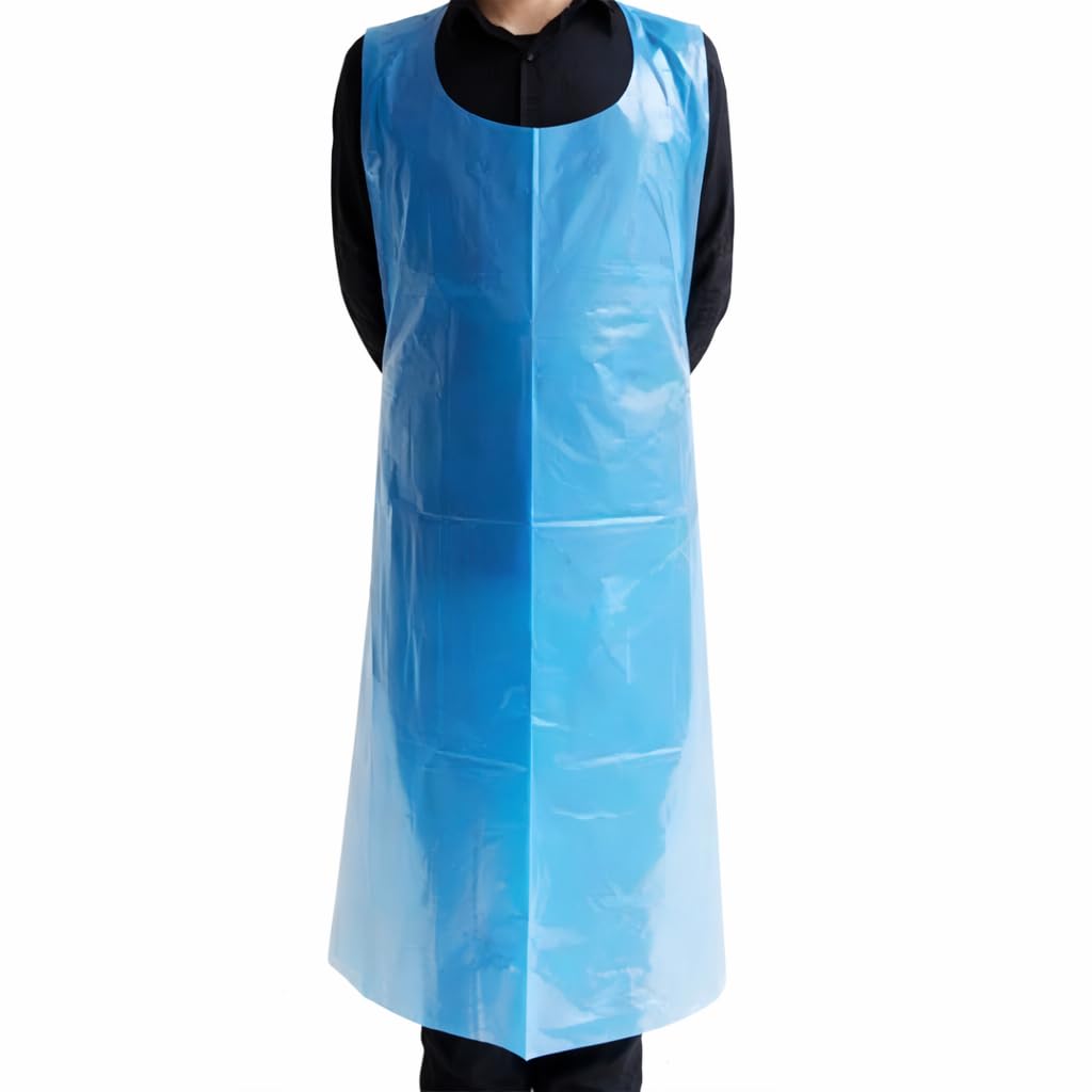 Disposable Plastic Apron Blue Pack of 100 Single Use Water Resistant Aprons with Neck Hole and Waist Ties Standard Size-image-20