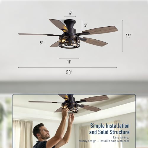 Image of 50 Inch Flush Mount Black Caged Ceiling Fan with Lights, Low Profile Farmhouse Ceiling Fan for Bedroom Living Room and Patio, Ceiling Fans and Remote Control for Indoor and Outdoor