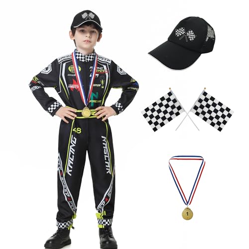 KUKIKUKI Race Car Driver Costume Boys Racer Jumpsuit With Car Cap Kids Dress Up for Halloween (Black, 120)