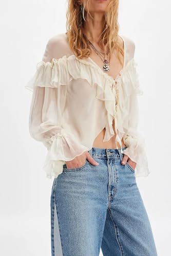 Women's Flowy Bow Front Tie Top Long Sleeve Peplum Lace Trim Chiffon Shirt Sheer V Neck Boho Ruffle Beach Blouse2