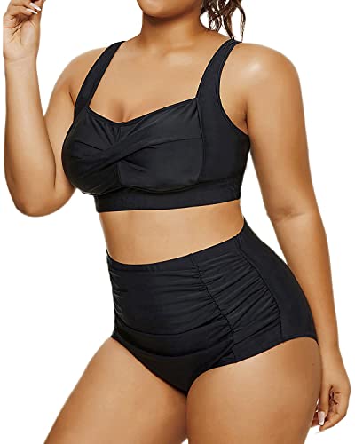 Daci Women Black High Waisted Twist Front Plus Size Bikini Vintage Retrotwo Piece Swimsuits Bathing Suits Ruched Swimwear 18 Plus #TOP2