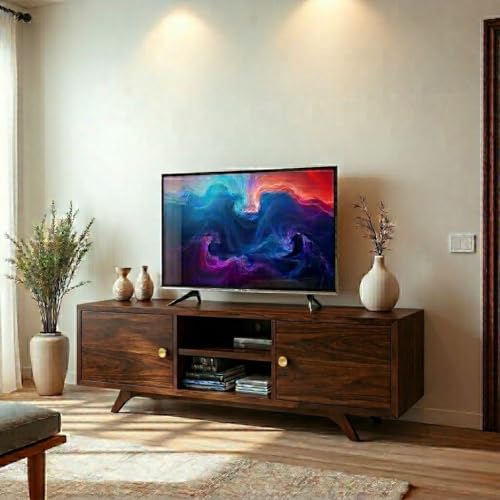 Image of Sheesham Wooden TV Unit for Living Room 55 inch TV - Wooden TV Cabinet 55 Inch - 2 Door & 2 Open Shelf, TV Stand for Living Room, Entertainment Center Media Console (Brina Walnut)