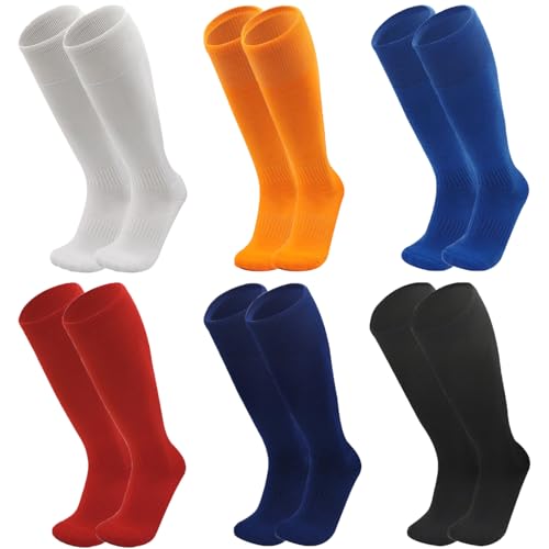 6 Pairs Mens Soccer Socks Stretchy Knee High Tube Colorful Football Athletic Team Socks for Men