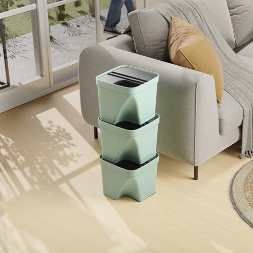 Image of 10L Dustbin with Lid | Green | Pack of 3 | Multipurpose Garbage Bin for Kitchen, Home & Office | Wet & Dry Waste Basket for Food Waste, Recycling & Indoor Outdoor Use