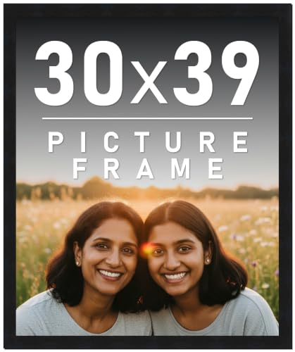 30x39 Frame Black Picture Frame - Complete Modern Photo Frame Includes UV Acrylic Shatter Guard Front, Acid Free Foam Backing Board, Hanging Hardware Wood Wall Frames for Family Photos - no Mat